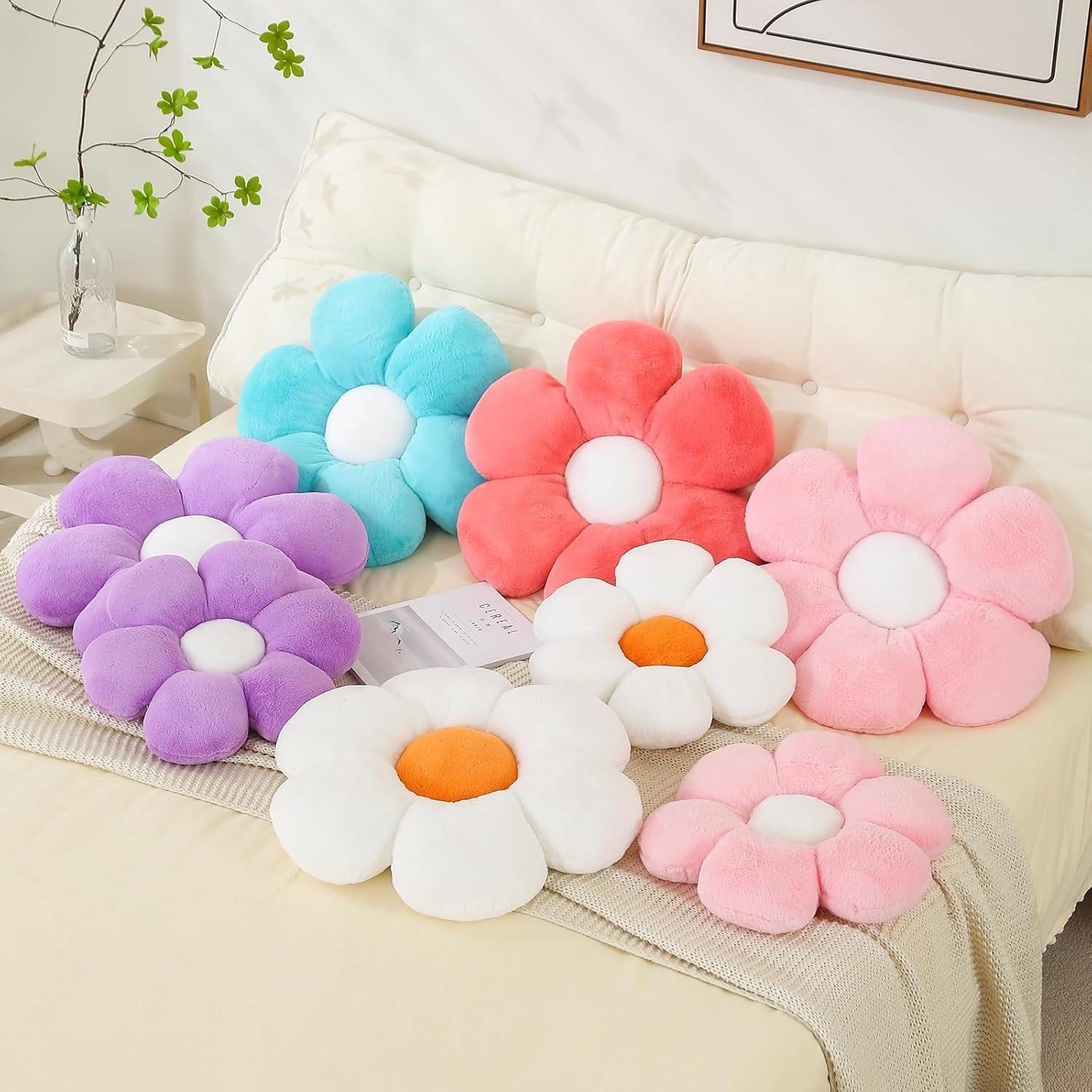 CANGHI 3 PCS Flower Pillows Flower Shaped Throw Pillow Cute Daisy Pillows Seating Cushions for Adults Kids Home Bedroom Sofa Chair Couch Decor (White/Pink/Purple, 15.74 inch)