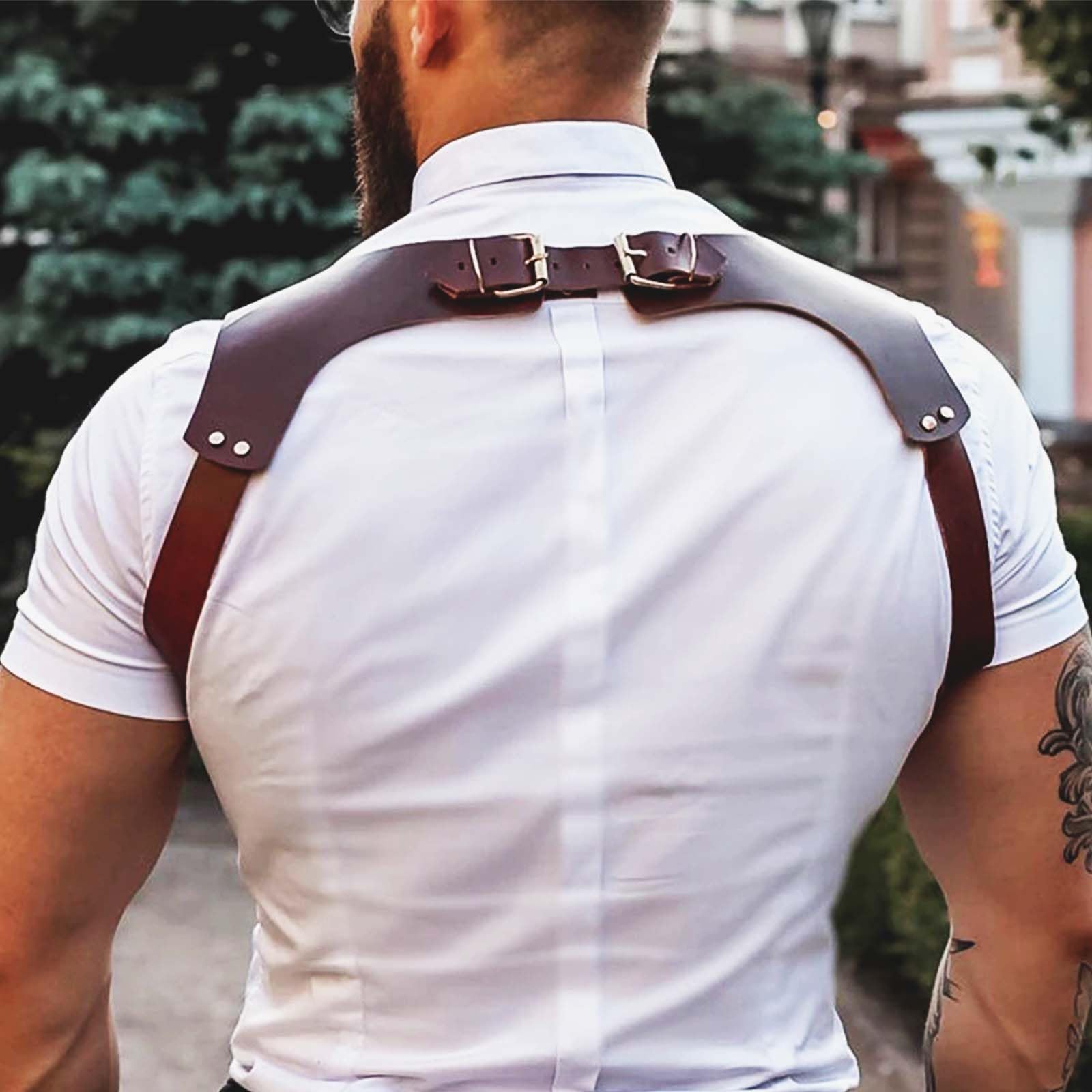 Fstrend Men Leather Suspenders Harness Belt Strap Brown Body Accessory