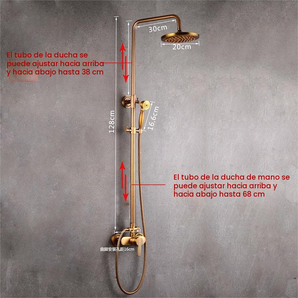 Juego de ducha de cobre antiguo, redondo, montaje en pared, sistema de ducha con grifo de bañera y alcacho/ducha de lluvia y ducha de mano, barra de ducha ajustable, bronce retro