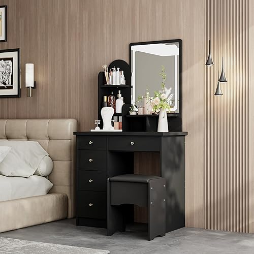 Miniatura 38 de FUFU&GAGA Juego de tocador con espejo rectangular, tocador de maquillaje con 5 cajones, estantes, tocador y taburete acolchado (B blanco/espejo