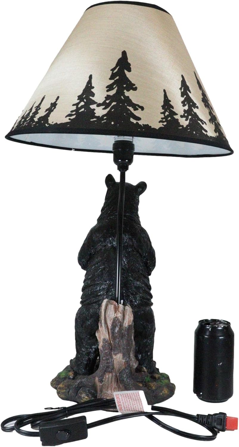 Ebros Gift The Magnificent Surveyor Standing Black Bear On Forest Floor Desktop Table Lamp Sculptural Decor with Pine Trees Silhouette Printed Shade 24" H