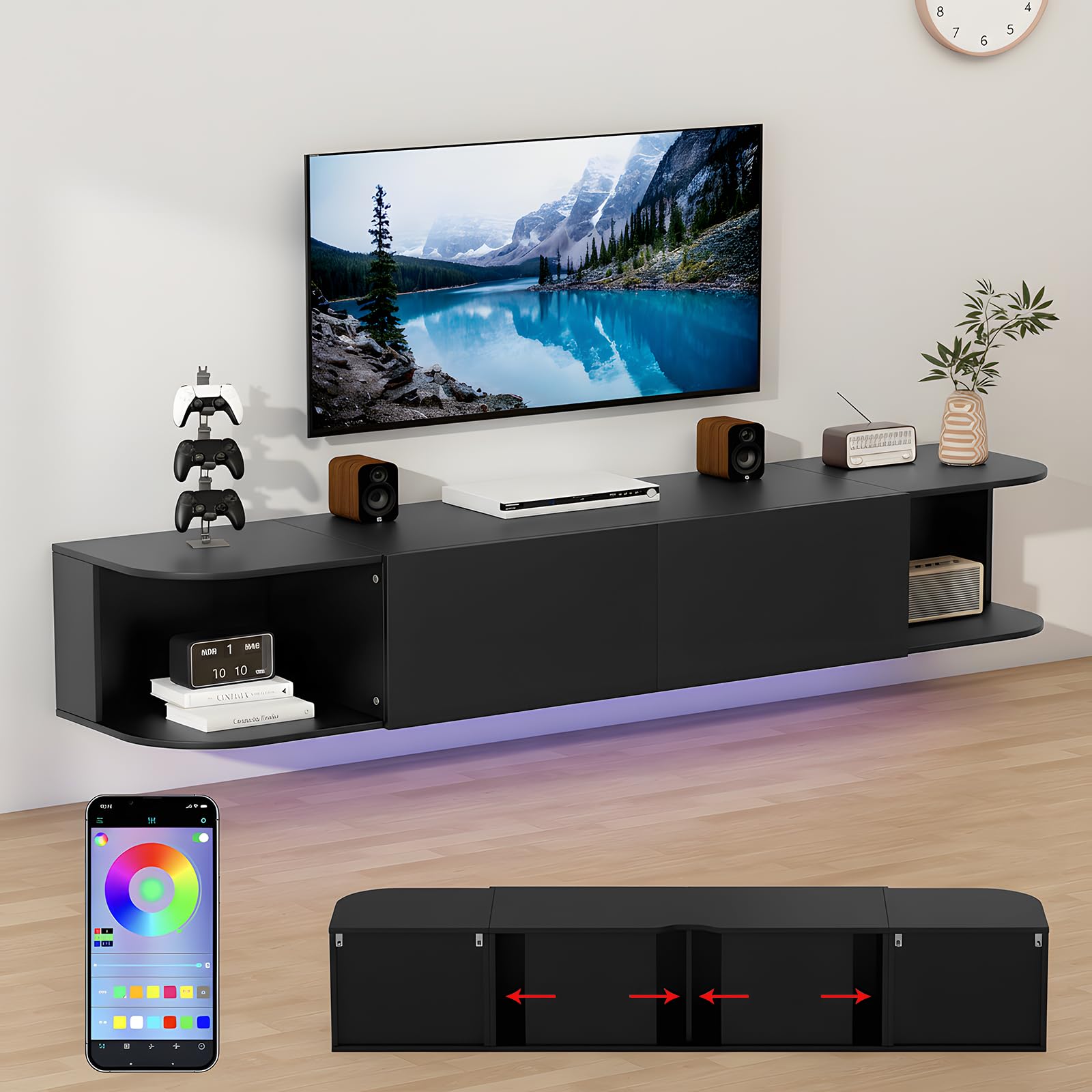 180CM Floating TV Unit With RGB LED Light&Storage Space for 70in,Wall Mounted TV Stand Cabinet,Modern Entertainment Center Media Console,Extra-Large TV Console Table for Living Room,Bedroom,Black
