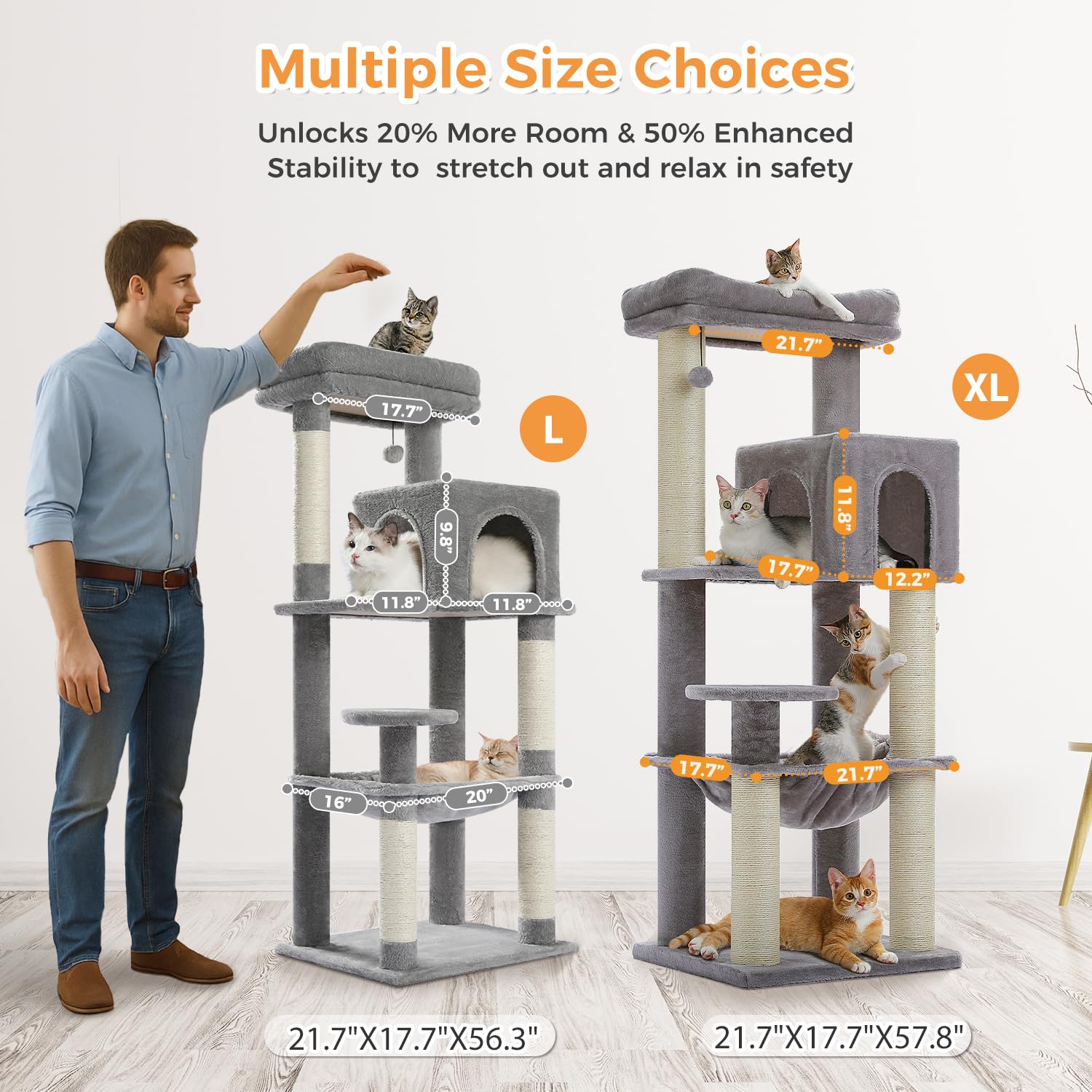 PAWZ Road Albero per gatti grande da 147 cm, con tiragraffi ispessiti (φ3,7 pollici) per gatti adulti di grandi dimensioni, 13,6 kg, centro attività multi-livello con struttura in metallo, amaca e