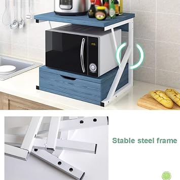 Wooden Microwave Oven Rack with Drawer, Countertop 2 Tier Microwave Stand Kitchen Storage Shelf Home Office Storage Stand Organizer for Printer and Microwave, Blue