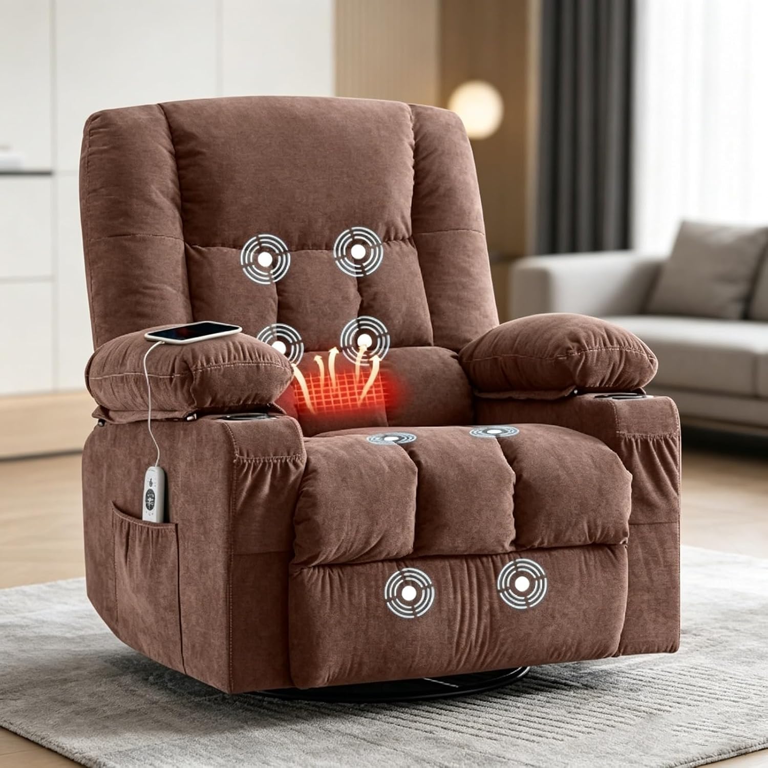Ergonomic Office Recliner Chair with Heat & Massage, 360° Swivel Glider, USB Reclining Lounge Chair with Side Pockets for Home Office & Napping