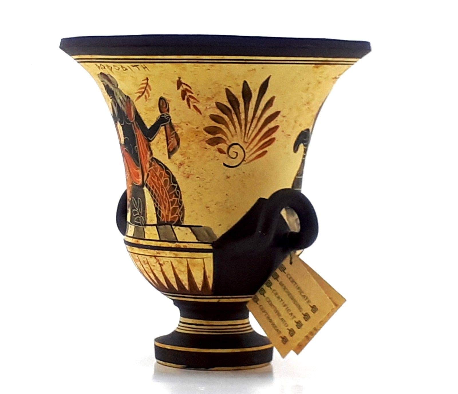 Jarrón griego antiguo Krater Pottery Diosa Afrodita y Dios Dioniso 6.9 pulgadas, negro, rojo