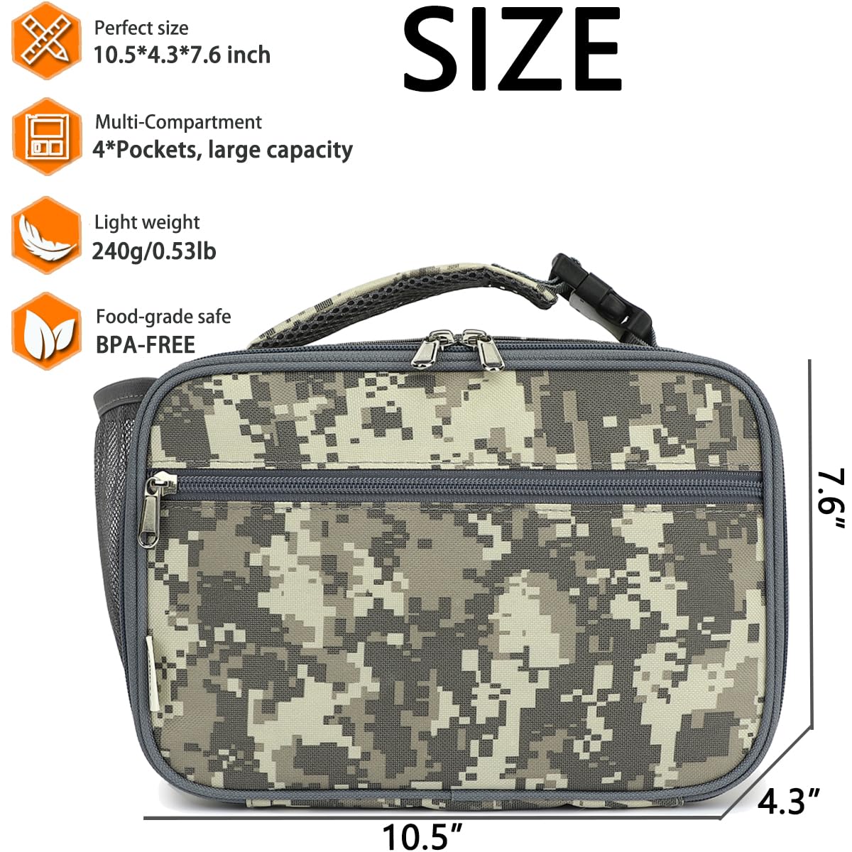 GYEUKHAM Lonchera aislada para la escuela, térmica, reutilizable, duradera, congelable, para niños, niñas, hombres y mujeres, kit de bolsa de almuerzo portátil para trabajo, picnic, viajes, camuflaje