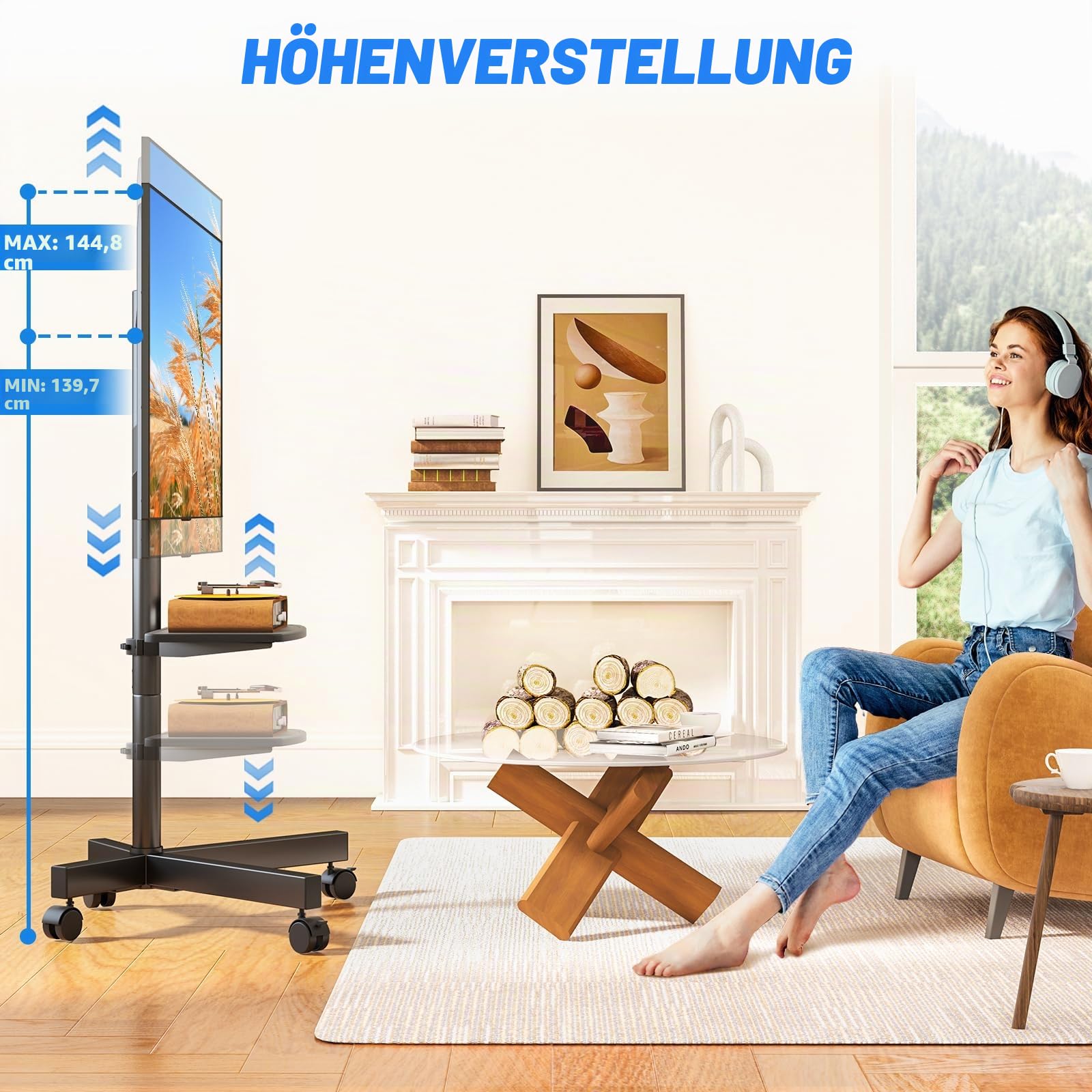 RFIVER TV Ständer Rollbar TV Wagen auf Rollen für 27-60 Zoll Fernseher Fernsehständer TV Standfuss Höhenverstellbar Neigbar Max. 40 KG VESA 400x400 mm