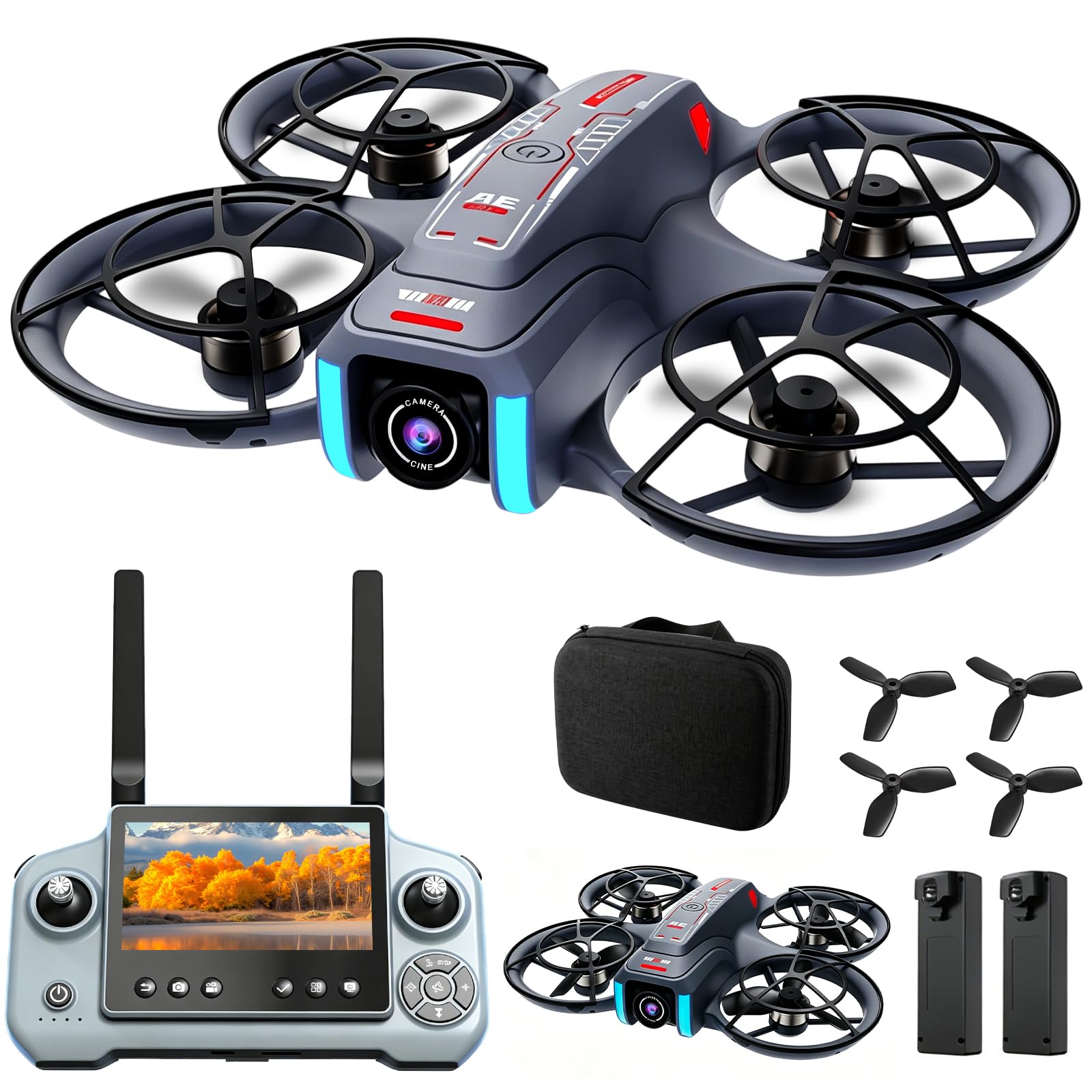 Drohne mit Kamera, 4.5'' Bildschirmfernbedienung, Fliegendes Spielzeug mit 90° Verstellbare Kamera, mit SD-Karte, 2 Batterien, Geeignet für Erwachsene und Anfänger