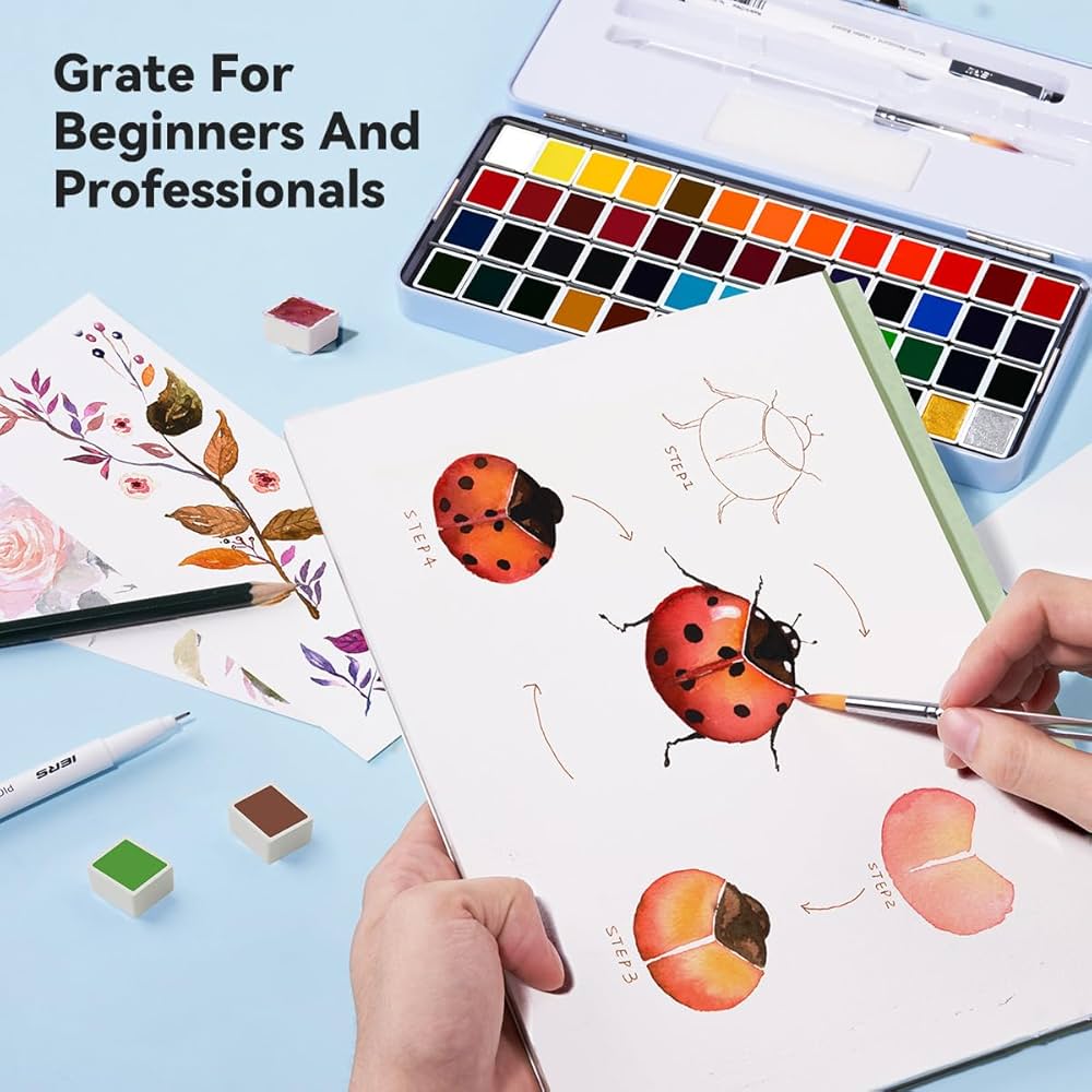 Amazon | MeiLiang 水彩絵の具セット 52色 ハーフパン 描画用