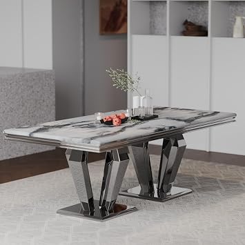 ACEDECOR Dining Table for 6-8, 78" Large Rectangular Kitchen Table with Gray Textured Top and Silver Mirrored Stainless Steel Geometric Base