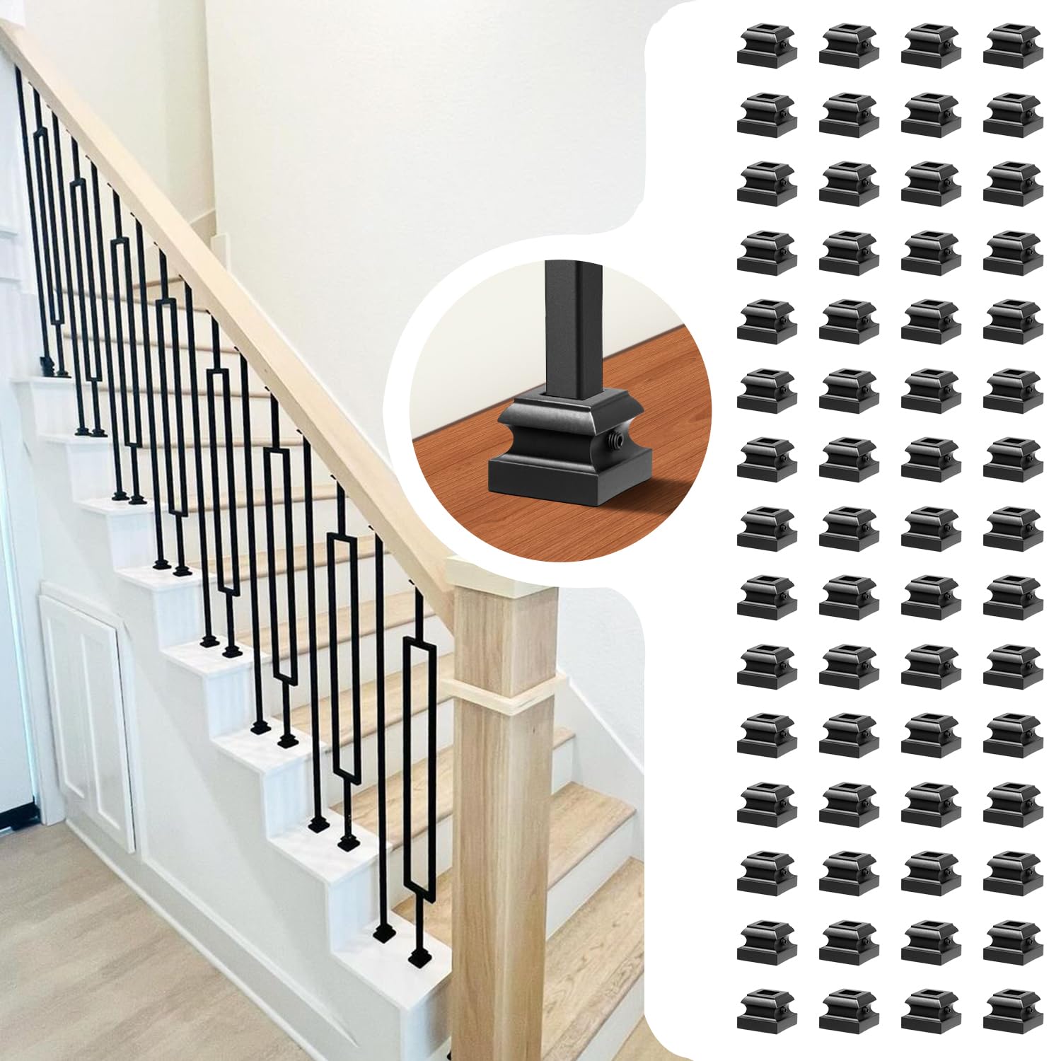 12Pack Wrought Iron Balusters 44 Inches Deck Balusters Bundle with 60P Wrought Iron Baluster Shoes Flat Shoes