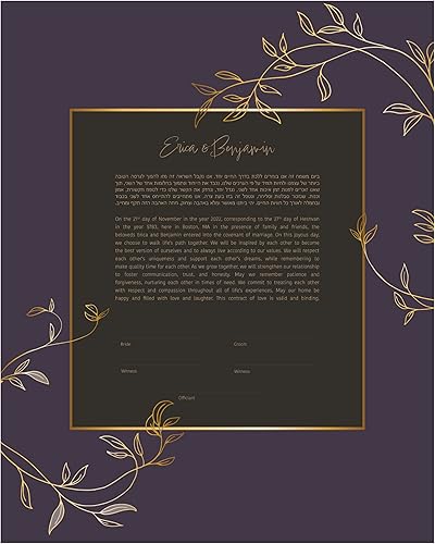 Maybie & Co. Arte de Ketubah floral morado y dorado enmarcado personalizado | Contrato de amor de arte judío | Contrato de matrimonio interreligioso