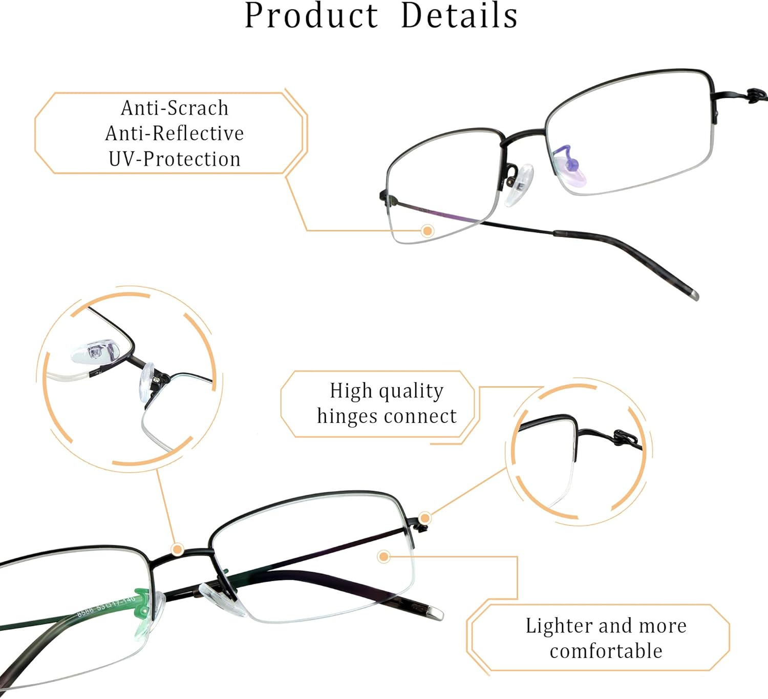 LifeArt Alloy Semi-Rimless Reading Glasses,Blue Light Blocking Glasses, Anti Eyestrain, Computer Gaming Glasses, TV Glasses for Men, Anti Glare (Black, +0.00 Magnification) - Image 2