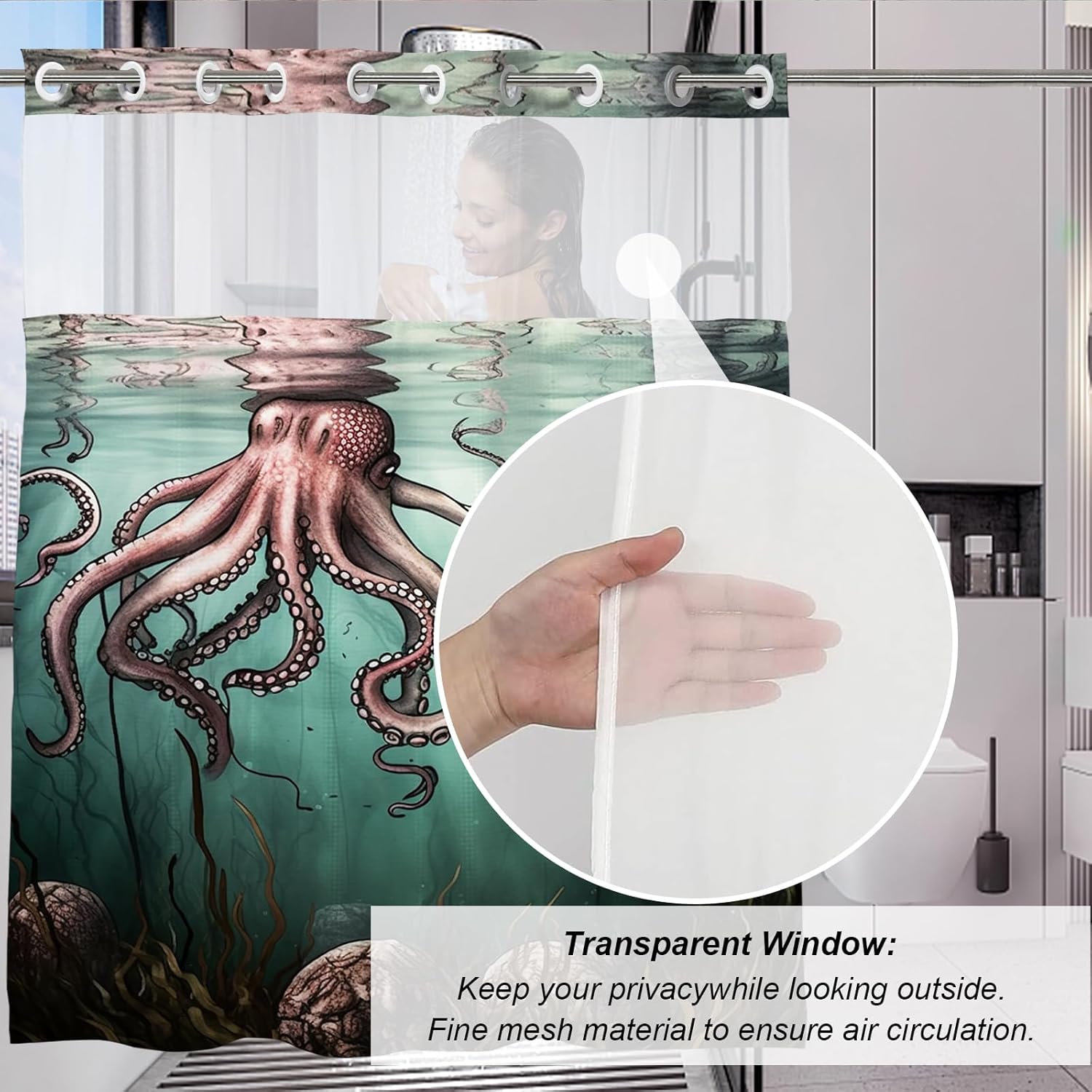 Abstract Ocean Octopus Theme No Hook Waffle Weave Shower Curtain with Snap in Liner Nautical Beach Whimsical Funny Bathroom Decor Set 72 W x 74 H Inch Colorful