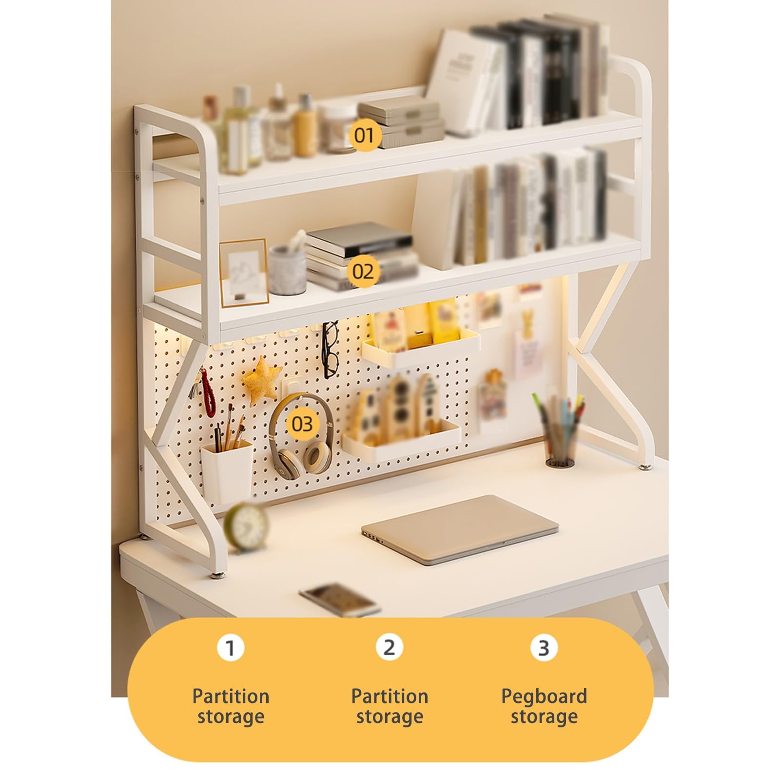 Scaffale Portaoggetti da Banco Indipendente per Scrivania Scaffale Portaoggetti Aperto con Pannello Griglia Organizer per Ufficio Domestico Libreria in Legno Metallo(White double layer,110CM/43.3IN)