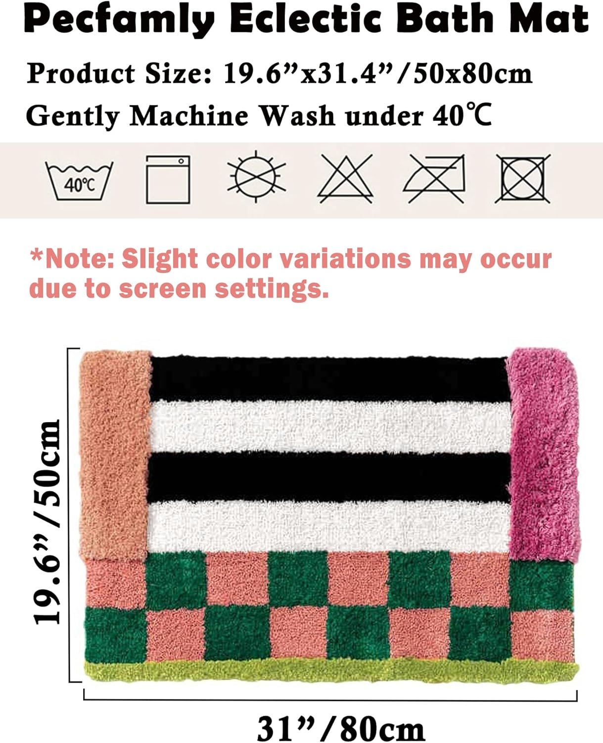 Funky Fun Colorful Checkered Bathroom Rugs, Maximalist Eclectic Funky Rug Home Bathroom Decor, Unique Vintage Retro Bath Mat 19.6"X31.4"