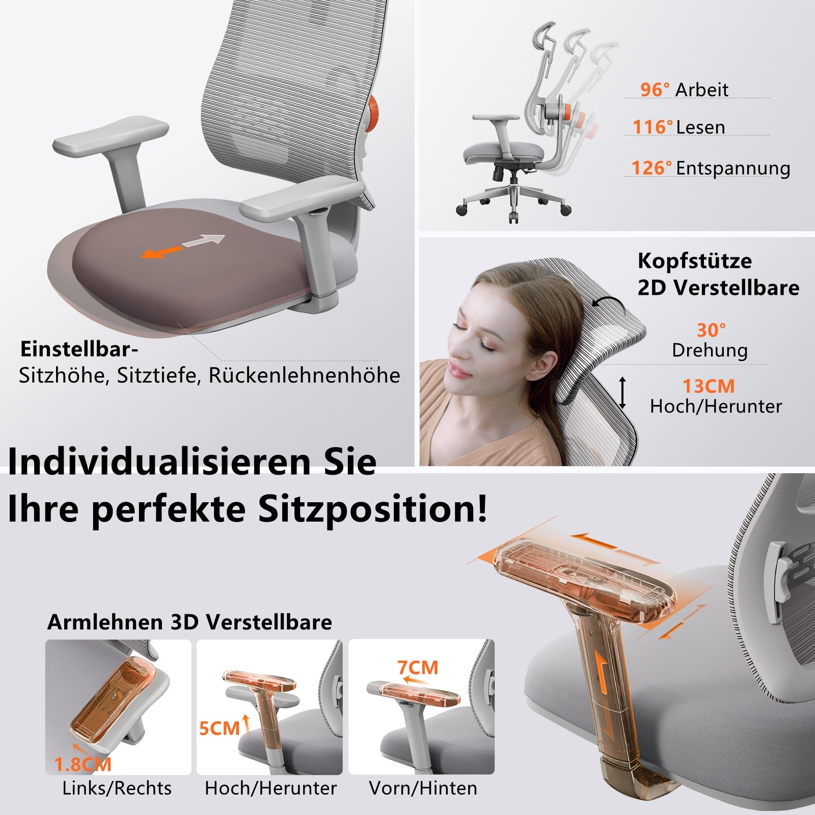 Newtral MAGICH003 Bürostuhl Ergonomisch, Ergonomischer Schreibtischstuhl, Ergonomic Office Chair PC Computerstuhl 150kg mit Kopfstütze Armlehne (MAGICH 003 + Abnehmbare Tischplatte, Grau)