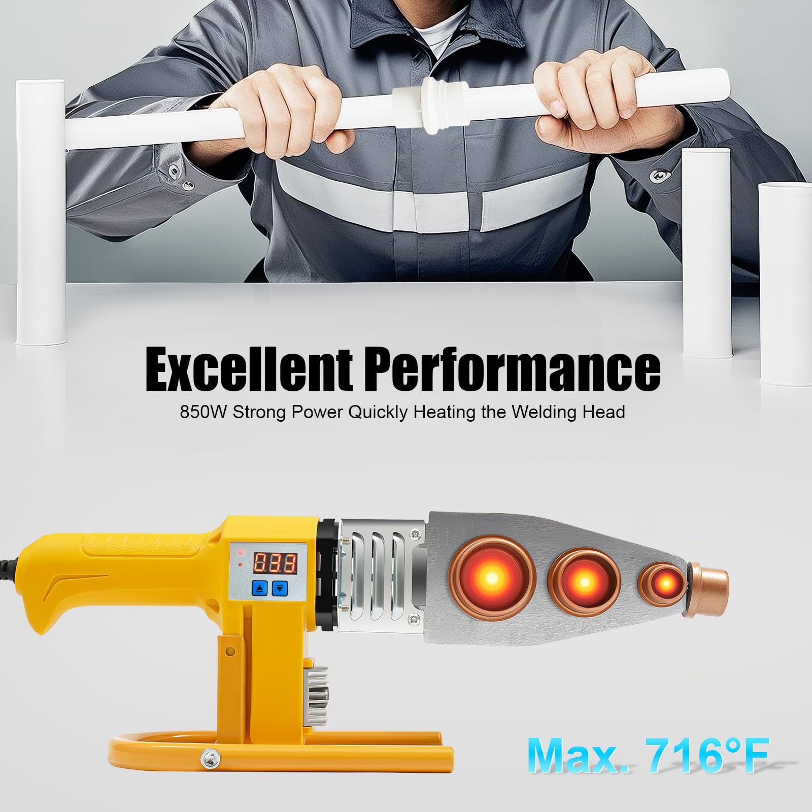 Saldatore per tubi dell'acqua in plastica, saldatore a fusione, 850 W regolabile 0-380 °C, saldatore per tubi in PVC con display digitale e 6 teste (20 mm, 25 mm, 32 mm, 40 mm, 50 mm, 63 mm