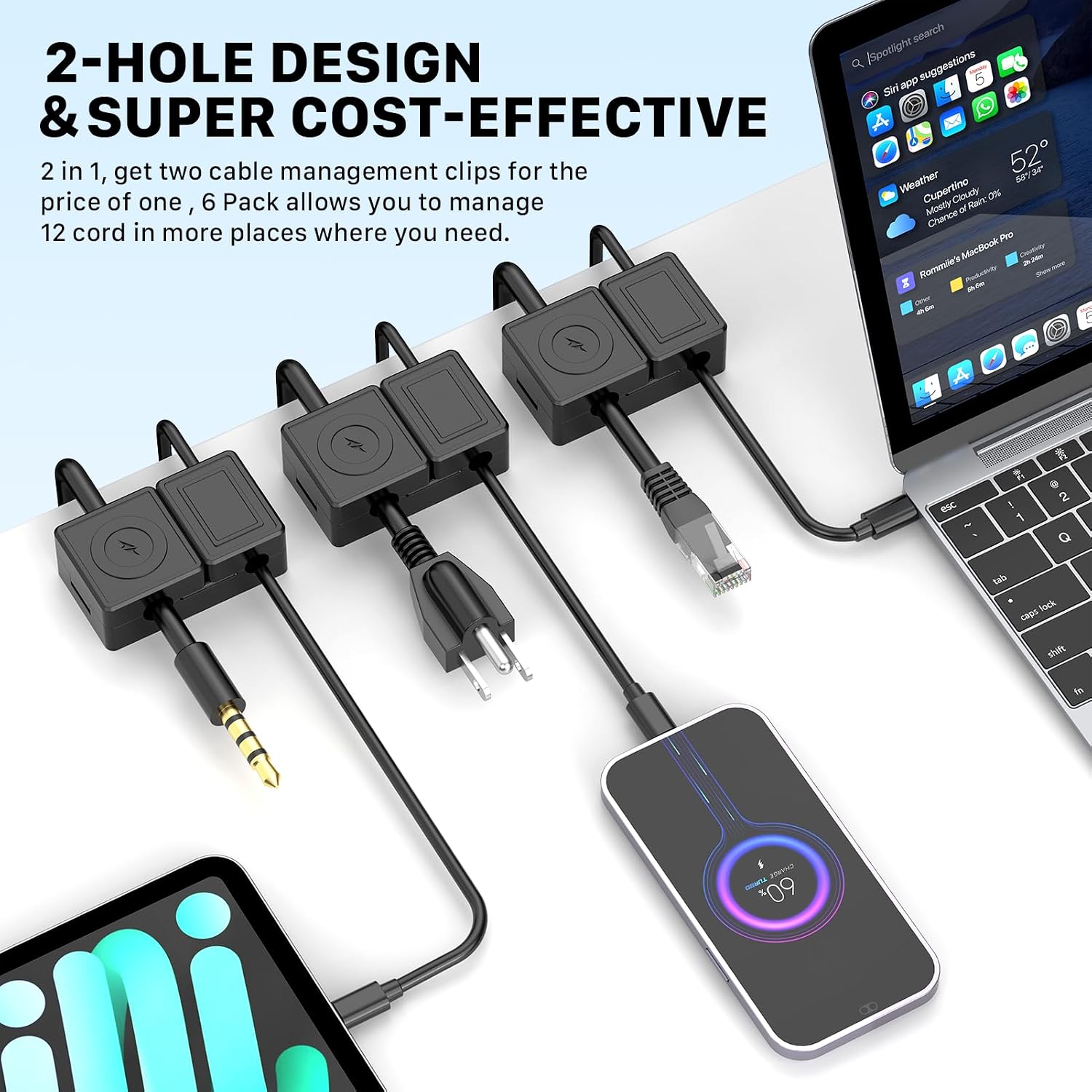 FlyCoco Double Door Magnetic Management Cable Clips, [Cable Smooth Adjustable] Adhesive Cable Clips Holder for Charger Wire, USB Cord, Office, Car, Desk Accessories, 6 Pack