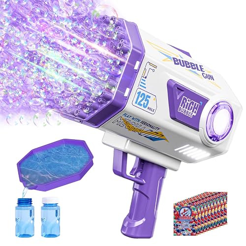 Deserthome Bubble Gun, 125 Holes Bubble Machine Gun, Bubble Blaster Gun for Kids, Rechargeable Bubble Gun with Bubble Solution, Easter Toy Party Favors Bubble Maker for Wedding Birthday (Purple)
