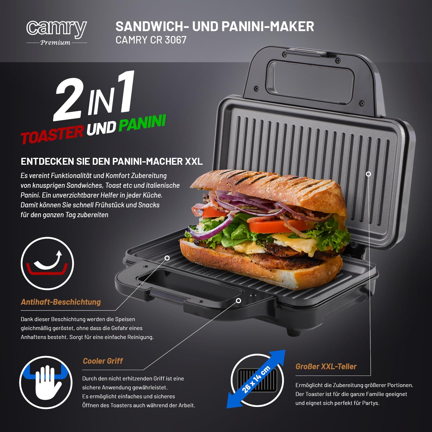 Camry - Sandwichera y panini grill en uno - 2 en 1 - sandwichera negra pequeña - sandwichera y paninitoaster - parrilla rápida - sandwich maker de camping - breakfast maker - 74 cm cable de, CR3067