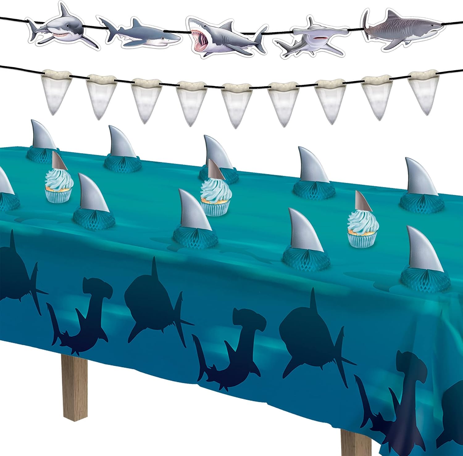 Beistle 4 Piece Shark Banners For Ocean Beach Under The Sea Theme Party, Luau Decorations, Birthday Décor, Baby Shower Celebration