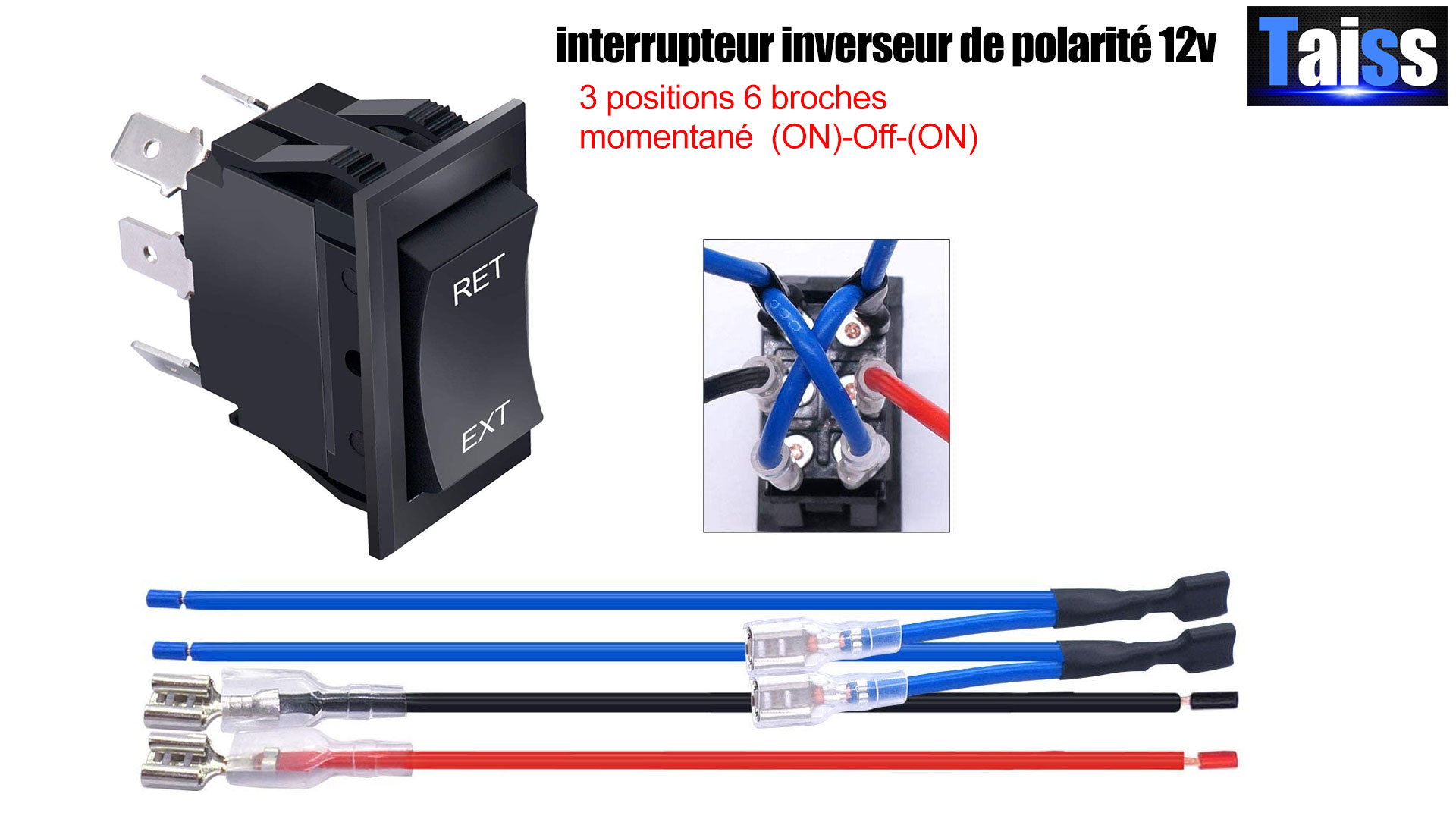 Interrupteur Inverseur 12V DPDT Momentané 7 Broches - LED Bleue - 20A - Pour Bateau, Camion, Remorque