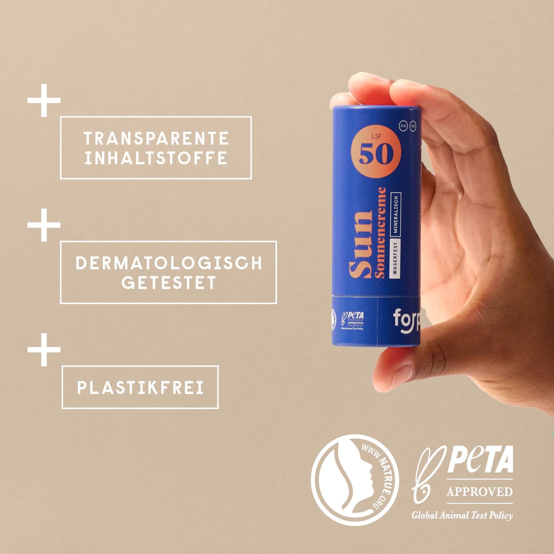 forpeople BIO Stick solare SPF 50 · Crema solare surf resistente all’acqua con zinco · Filtro solare minerale non‑nano · Per bambini e adulti · 100 % naturale
