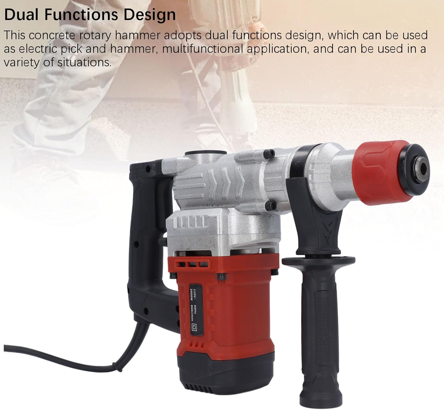 WALFRONT Electric Hammer Drill, 1900W High Power Concrete Hammer with Dual Functions for Drilling and Demolition