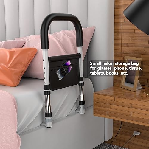 Miniatura 3 de ZUEXT Bed Rails for Elderly Adults Safety White, Adjustable Medical Bed Assist Grab Bar wStorage Pocket, Bedside Fall Prevention Mobility Aid,Hand