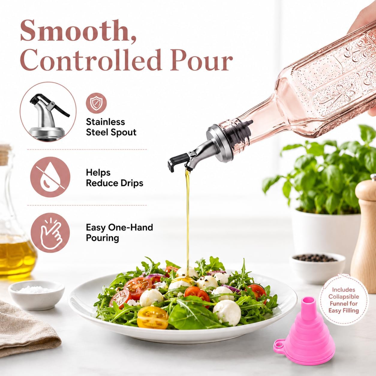 Glass Oil Bottle 500ml Square Tall Olive Oil Dispenser Bottle with Stainless Steel Pourers & Funnel, Decorative Oil Dispenser for Kitchen with Silicone Pourer (PINK)