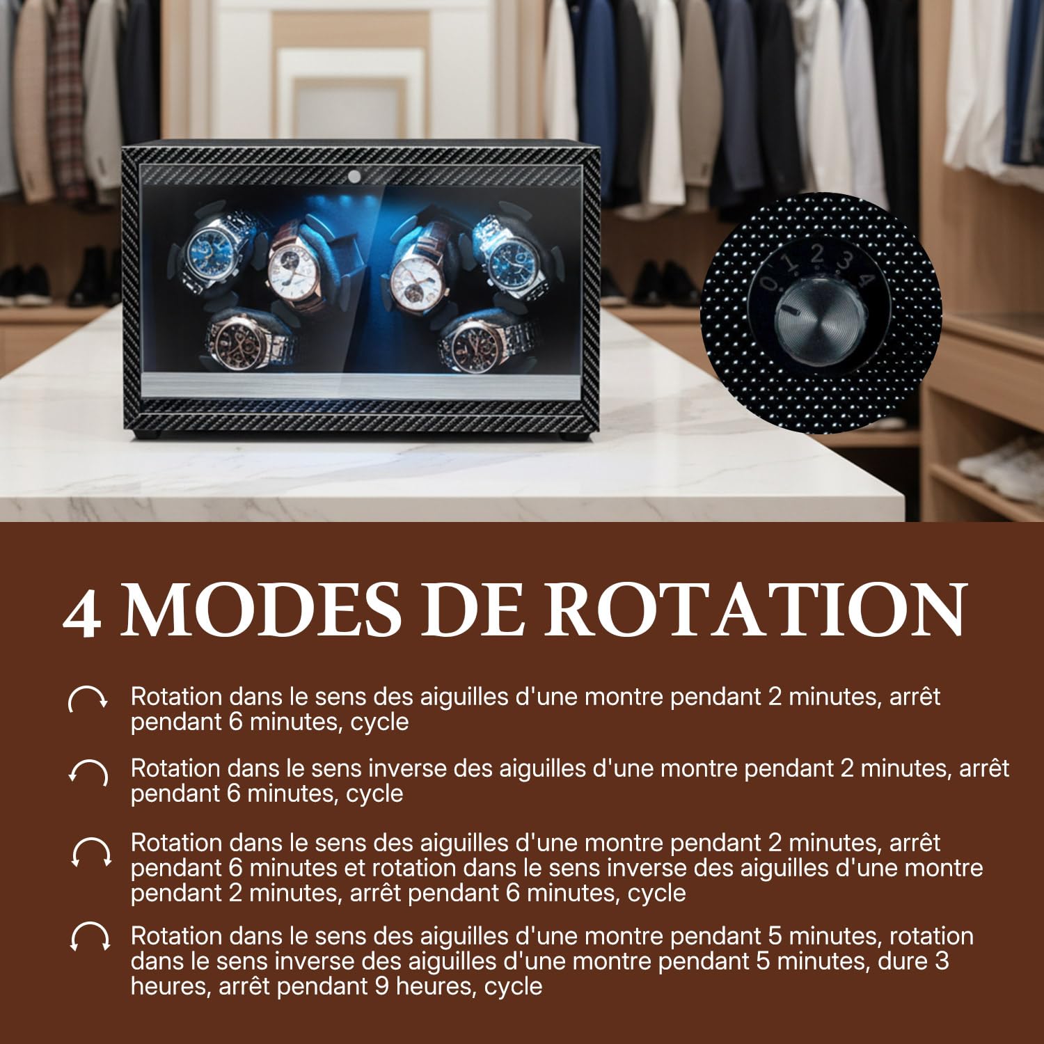 Mcbazel Remontoir Automatique pour 6 Montres, Moteur Ultra Silencieux avec Lumière LED, Boîte de Présentation avec 4 Modes de Rotation, Alimenté par USB