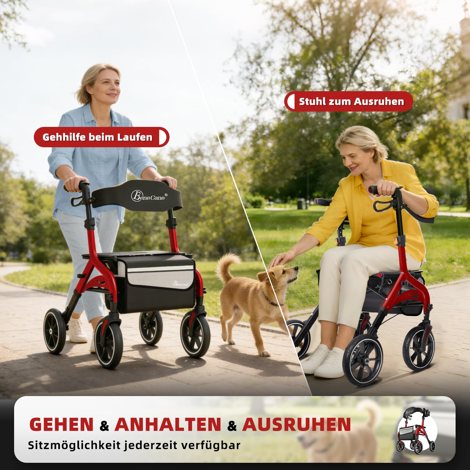 BeneCane Rollatoren Outdoor, Rollator Faltbar und Leicht mit Sitz, Aufstehhilfe, Gehhilfe für Senioren, Leicht Klappbar, Höhenverstellbar, Reiserollator mit Sitzfläche, Rückengurt, Tasche, Gehwagen