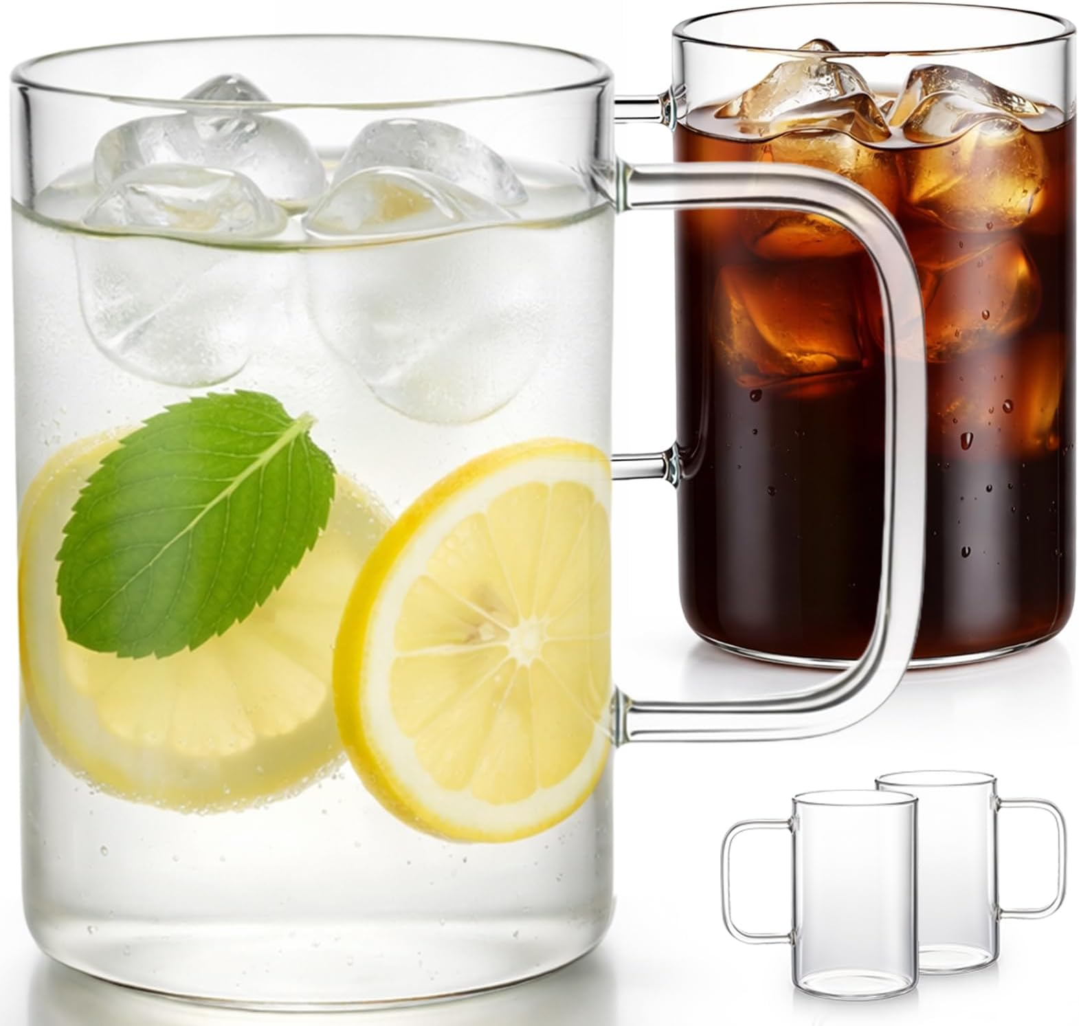 18oz Glass Coffee Mugs Set of 4, Large Clear Borosilicate Cups | Dishwasher/Microwave Safe, Borosilicate Glass, Single-walled, Smooth Rim, Handle Comfort, Large Capacity