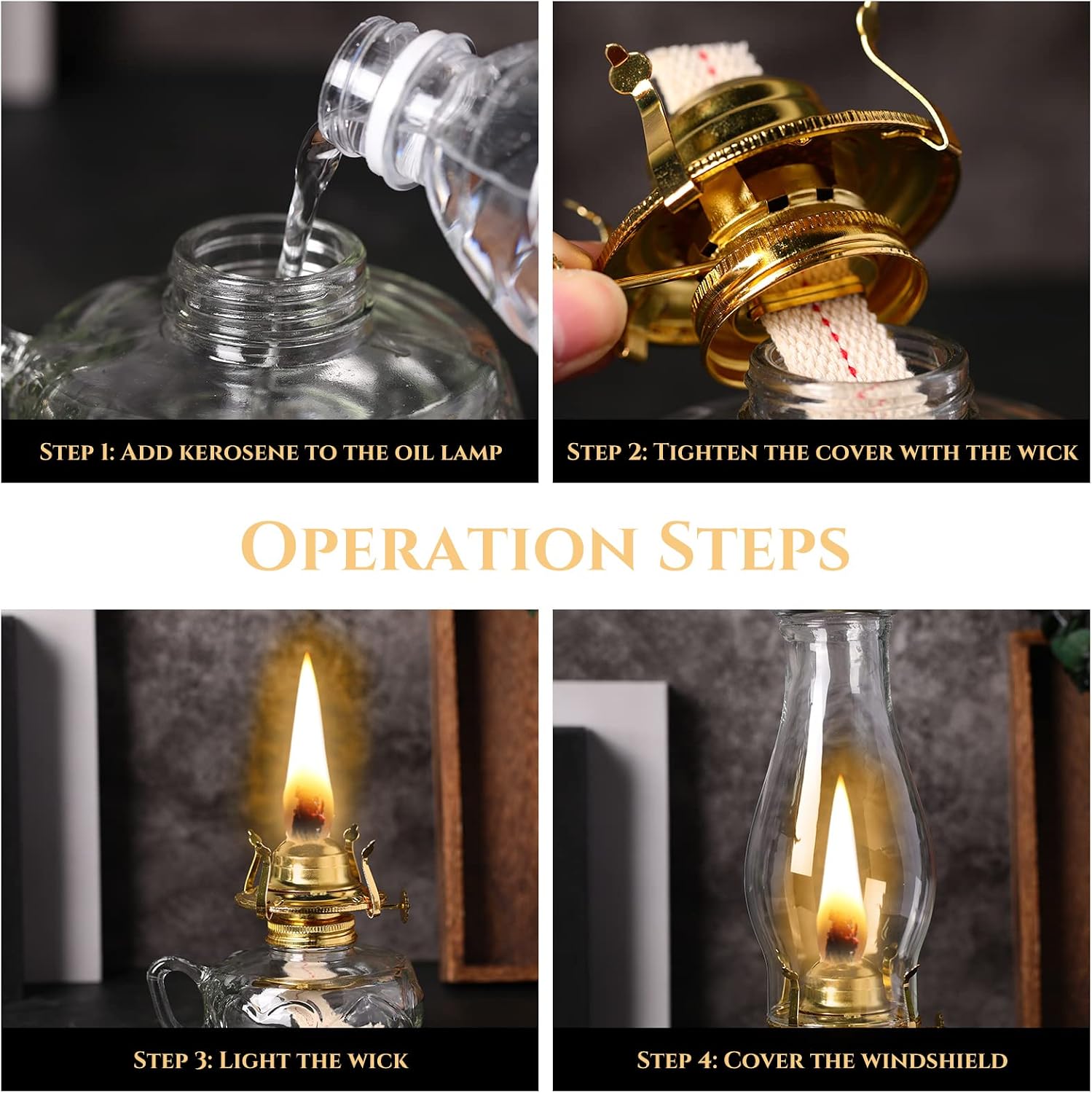 4 Pcs Large Chamber Oil Lamp Clear Vintage Glass Kerosene Lamp Decorative Hurricane Lamp Antique Rustic Oil Lantern for Indoor Tabletop Decor Emergency Lighting with Adjustable Fire Wick, 12.6'' High
