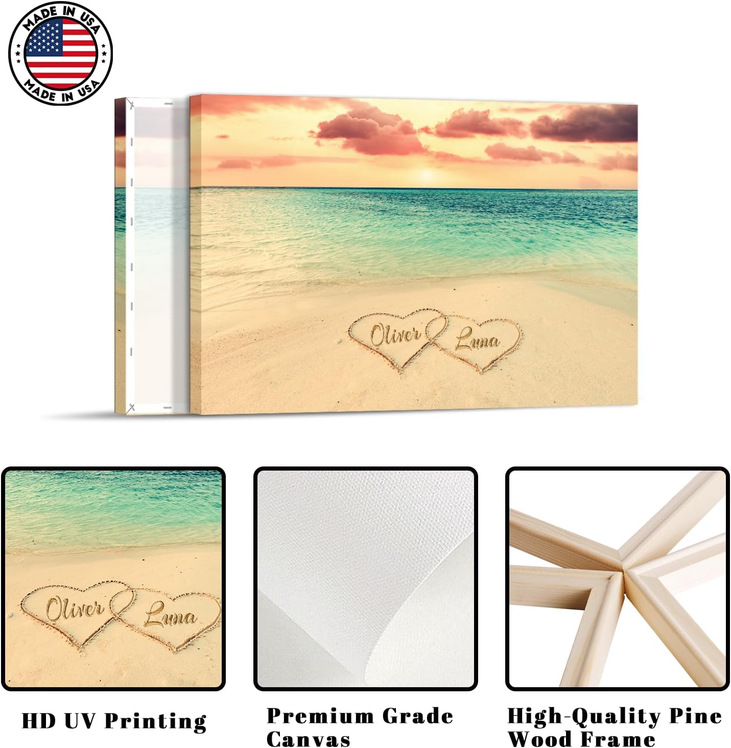 iLOOKLiKE Personalized Heart in Heart Shaped with Couple's Names on Sunset Coastal Beach Canvas Wall art Decor Custom Romantic Poster Prints Love Gifts for Him Her Anniversary Wedding