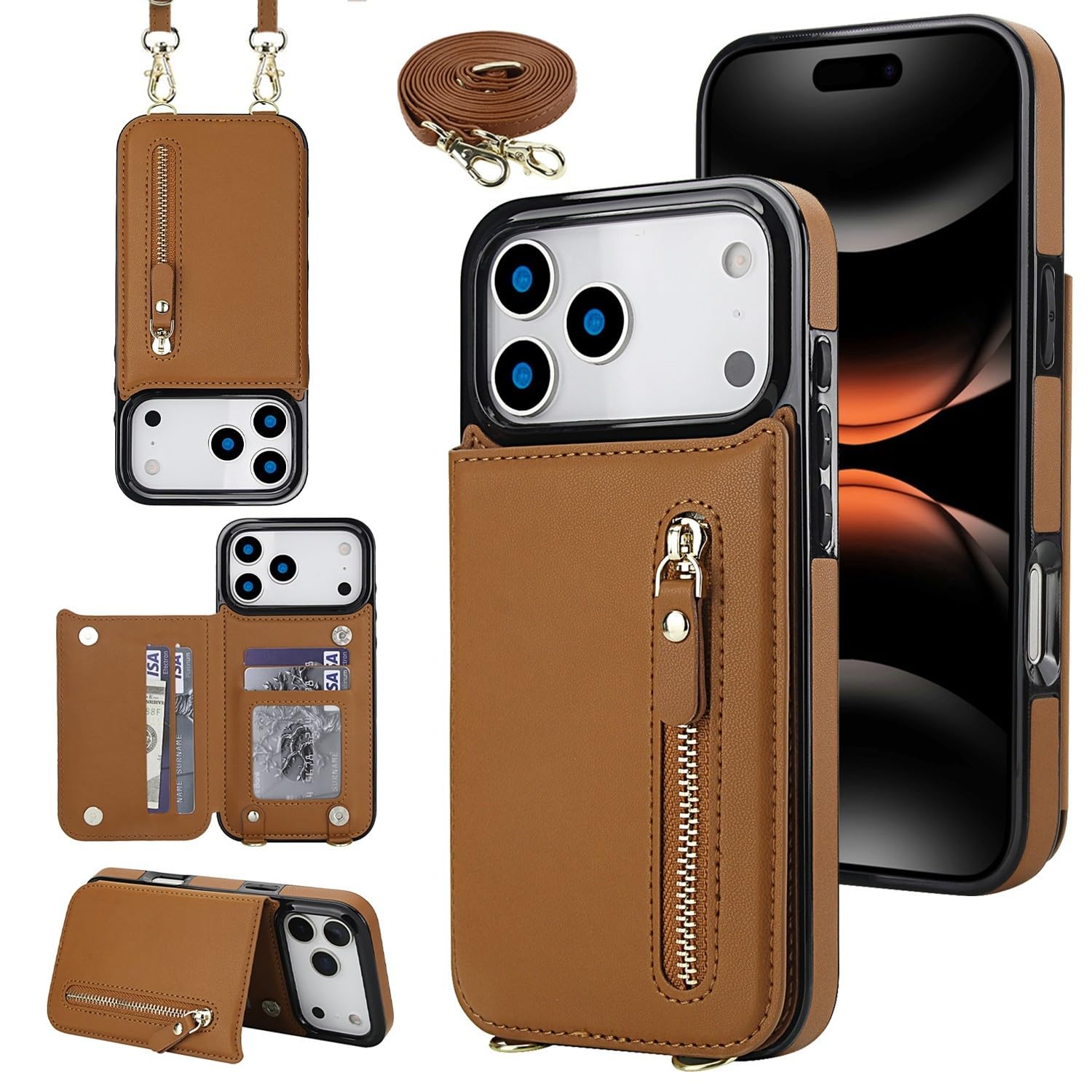 Étui compatible avec iPhone 16 marron, housse à rabat portefeuille et zip - 7