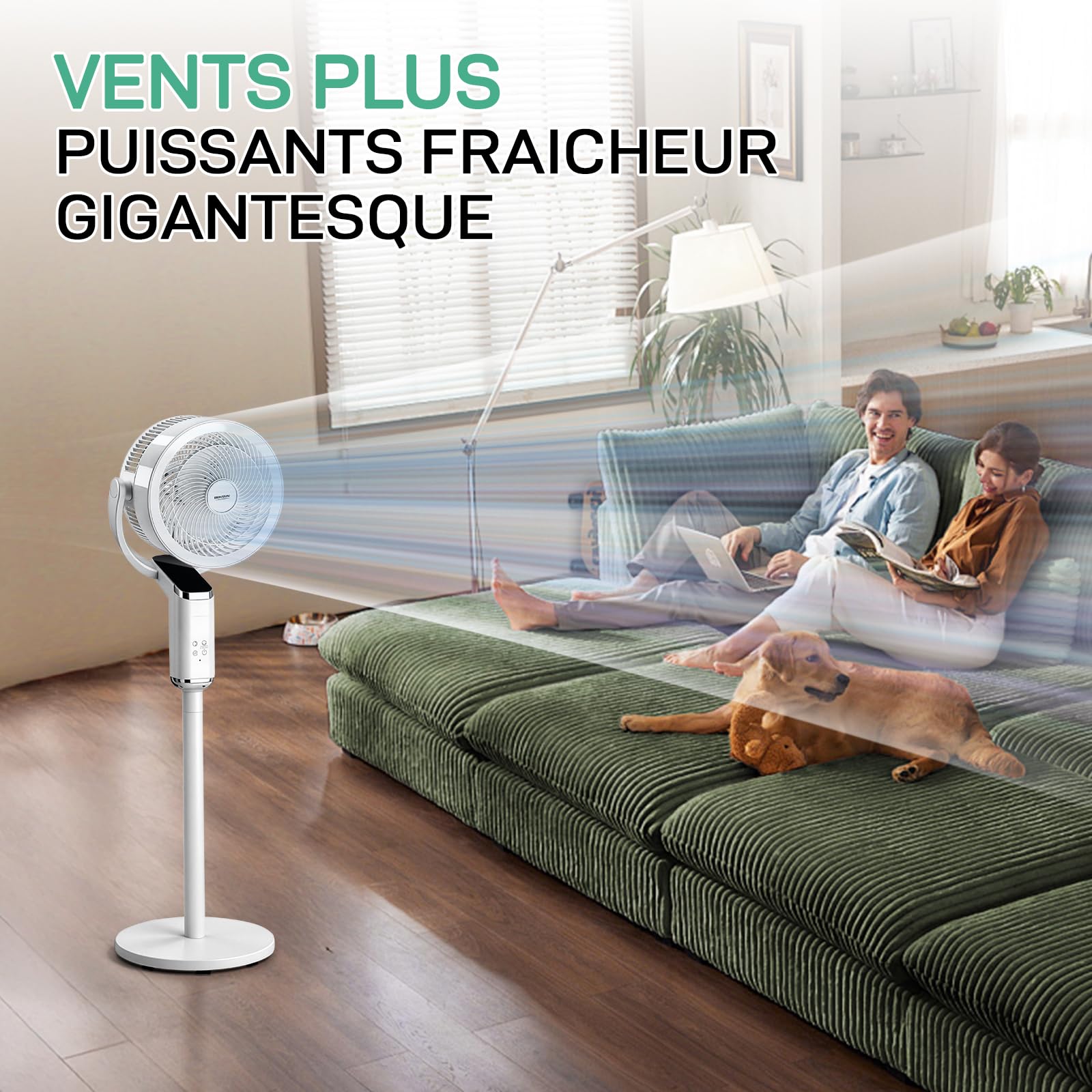 LEADZM Standventilator, leise, leistungsstark, omnidirektionale Oszillation 90 ° + 120 °, Höhe 62 – 110 cm, 8 Geschwindigkeitsstufen, Timer 15 Stunden (112 cm)