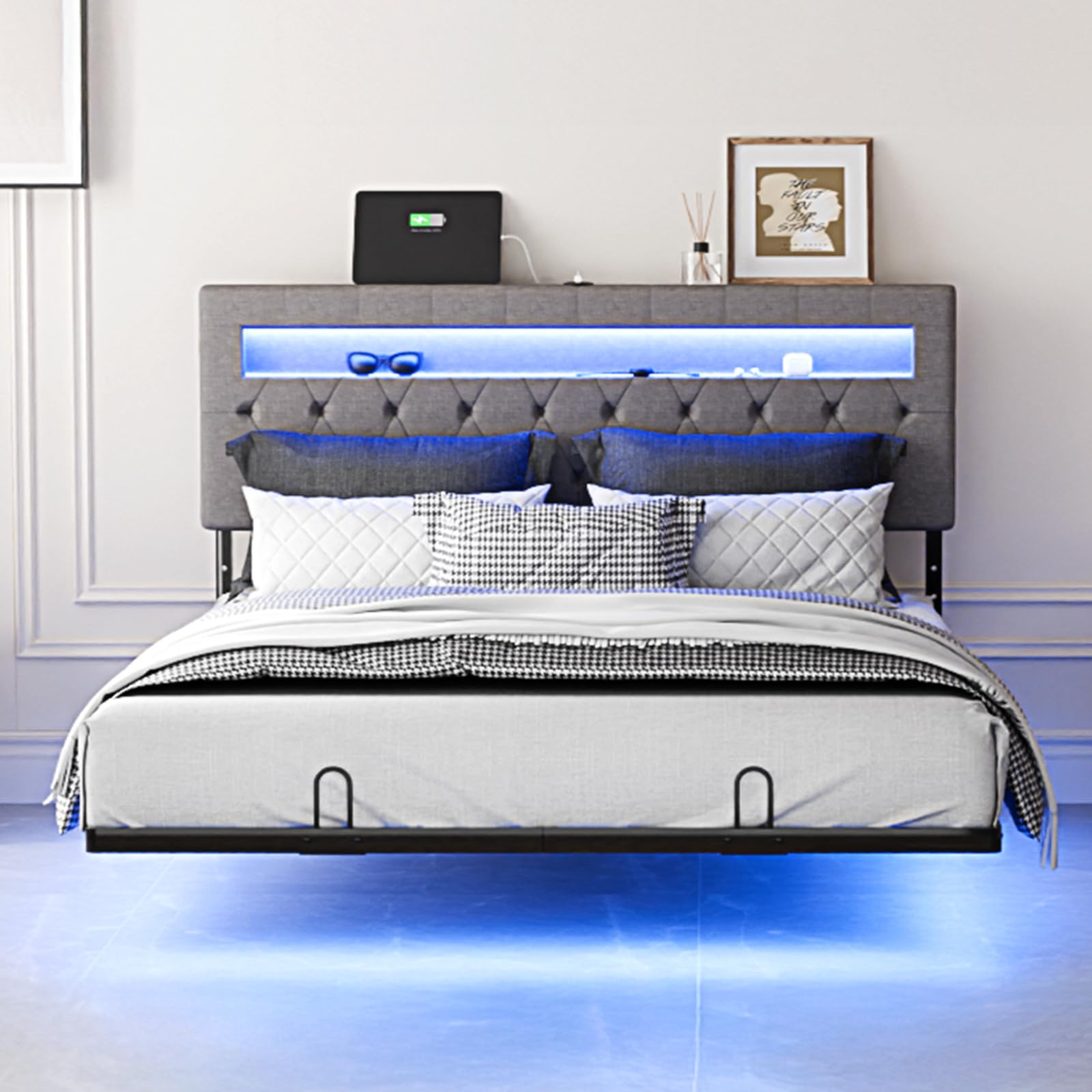 Bonnlo Lit 140 x 190 avec Sommier, Lit 2 Personnes Flottant avec Éclairage LED et Ports USB/Type-C, Tête de Lit Tapissée avec Rangement, Structure Stable en Métal, Tissu en Lin Gris