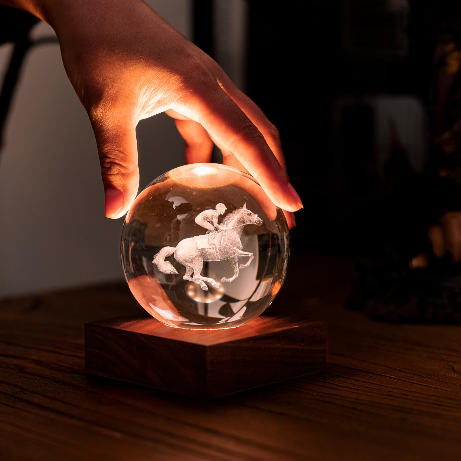 Gingko Design Amber Crystal Light – Horse Racing Edition | 3D Laser-Etched Crystal Lamp with Wooden Base | Unique Home Décor & Gift | Warm Ambient LED Light