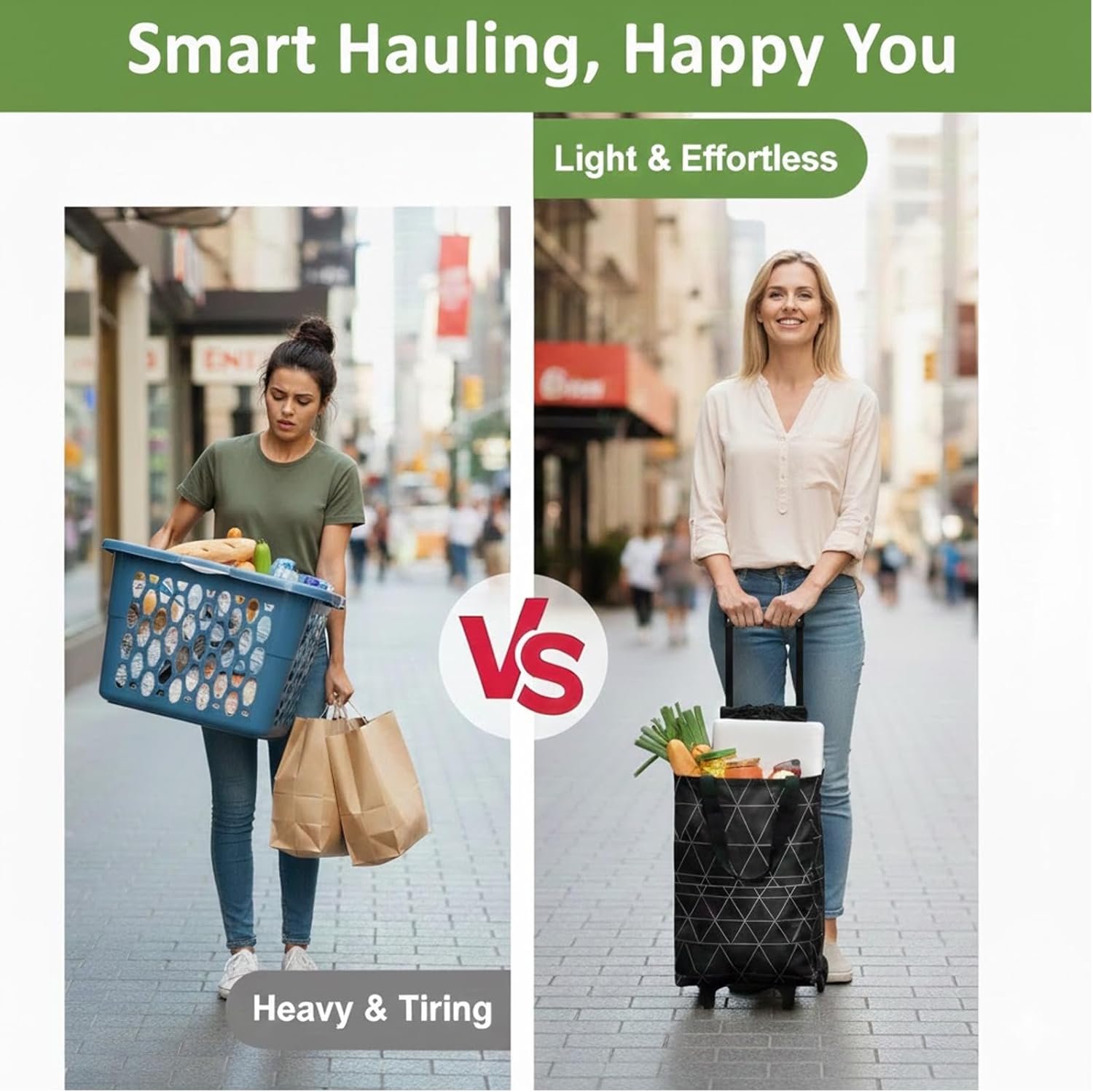 LINPING 2-in-1 Foldable Shopping Bag with Wheels, Foldable Shopping Cart with Telescopic Handle, Reusable Eco-Friendly Shopping Bag for Women & Seniors(Green leaves)