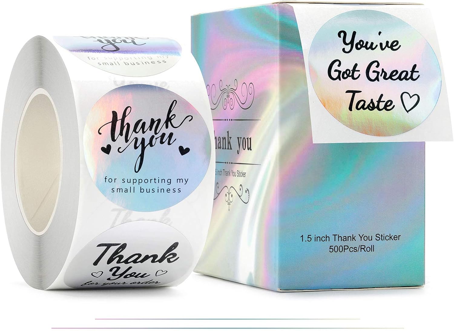 Silve Thank You for Supporting My Small Business Stickers ，8Designs， 1.5" ， Holographic Labels， Thank You Stickers Roll for Boutiques， Shop， Wrapping Supplies ，Purchase Order Packaging，500PCS