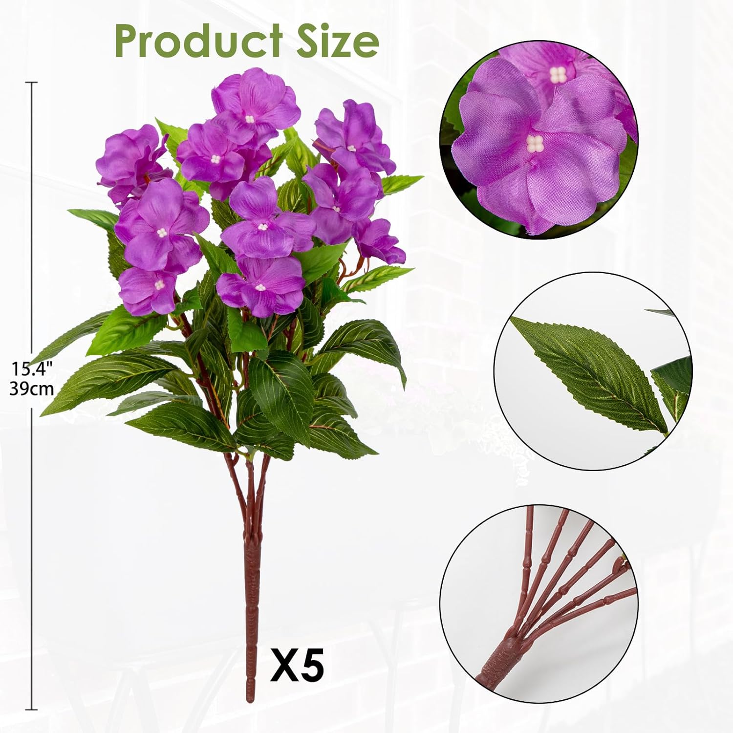 DILATATA 5 Pcs Artificial Impatiens Flowers for Outdoors Faux Impatiens Bushes Purple Silk Flowers Greenery Artificial Impatiens Bouquet for Patio Lawn Garden Pot Hanging Basket Porch Decoration