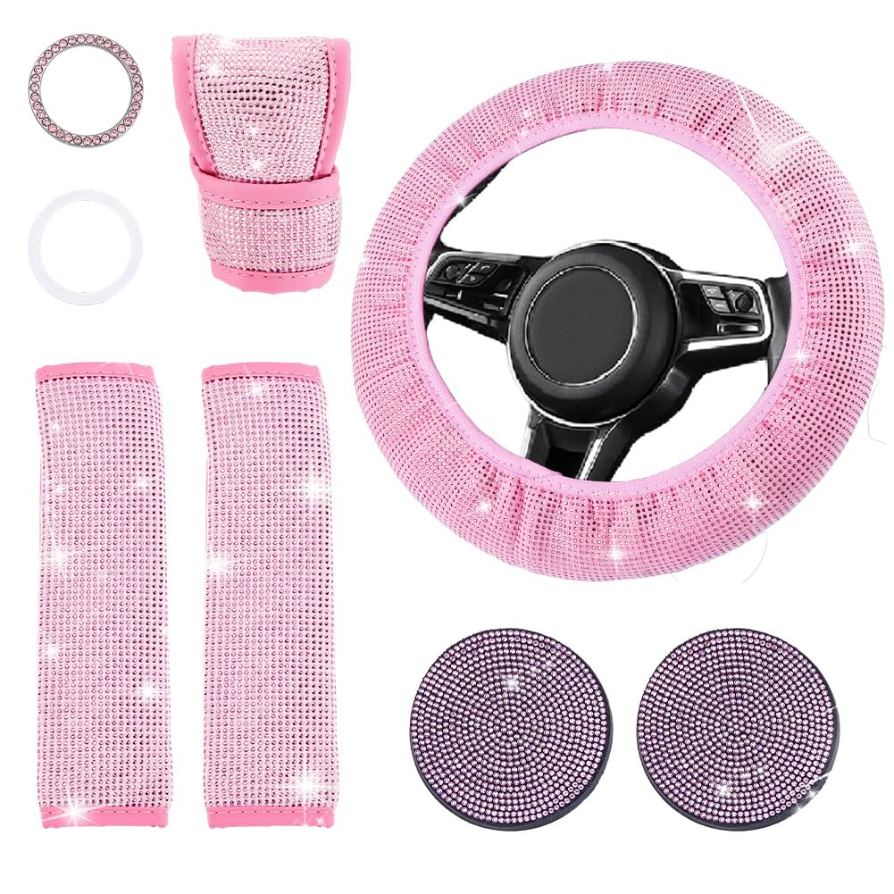 DICOSMETIC Pink Bling Car Accessories Set Glitter Vehicle Decorations Rhinestone Steering Wheel Cover Bling Seat Belt Cushion Crystal Auto Gear Shift Cover Shiny Car Cup Holder Coaster