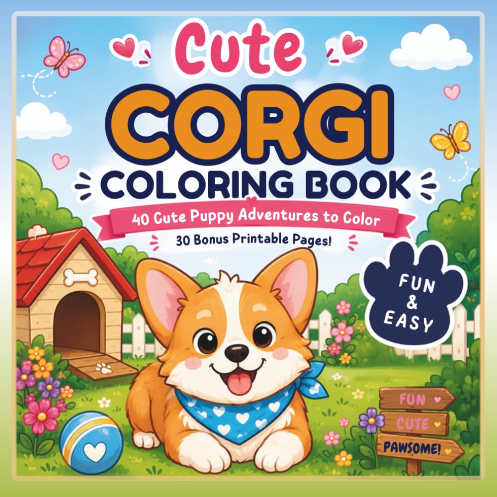 Cute Corgi Coloring Book: 40 Cute Puppy Adventures to Color + 30 Bonus Printable Pages | Fun Dog Coloring Book for Boys & Girls Ages 4-8