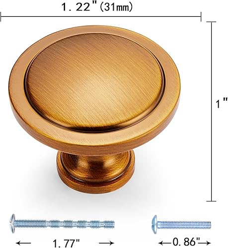 Miniatura 2 de Paquete de 10 pomos de latón antiguo de 1.22 pulgadas con placas, gabinete de cocina, oficina, baño, tocador, cajón, pomos de armario y puerta de