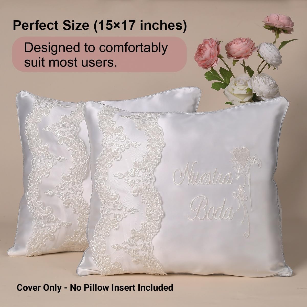 White Wedding Kneeling Pillow Cover Set of 2, 17 x 15 Premium Satin & Lace, Embroidered Nuestra Boda Kneeling Pillows,Cojines para Boda para Arrodillarse (Fundas)