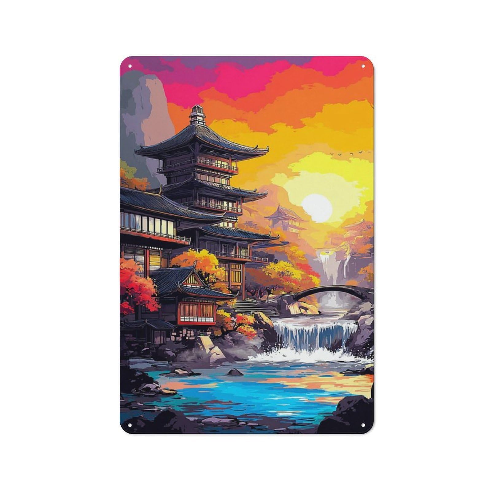 Classic Metal Plaque 30x20cm Featuring Japanese Pagoda Sunset Landscape -1, Bistro Wall Plaque for Kitchen, Cafe, Pantry Or Dining Room