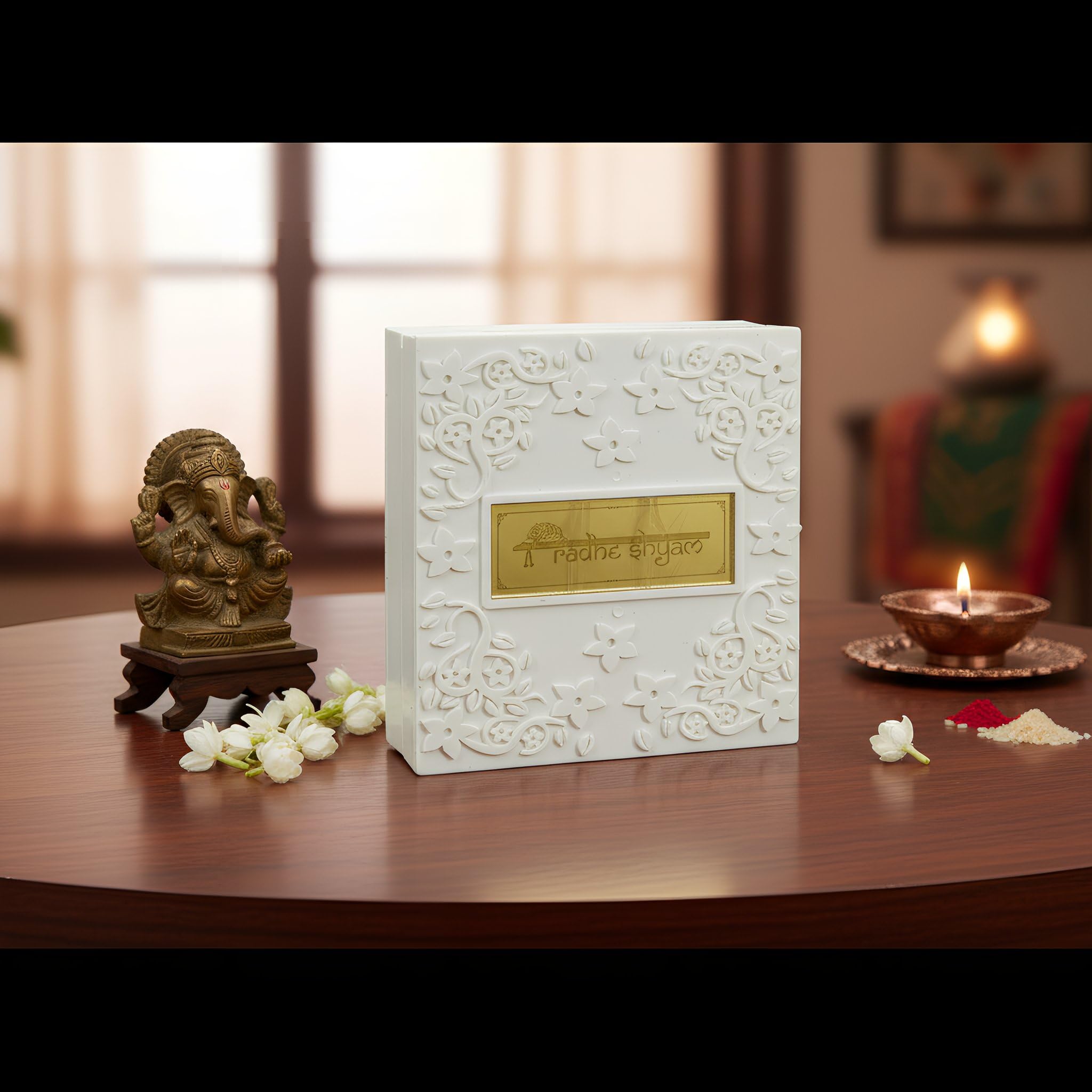 KABIR WORLD Radhe Shyam Divine Charan Paduka Yantra Box with Crystal Accents - 4.7" Premium White Floral Embossed Yantra Box - Radha Krishna Idol for Religious Gifiting,House Warming & Pooja Room 3